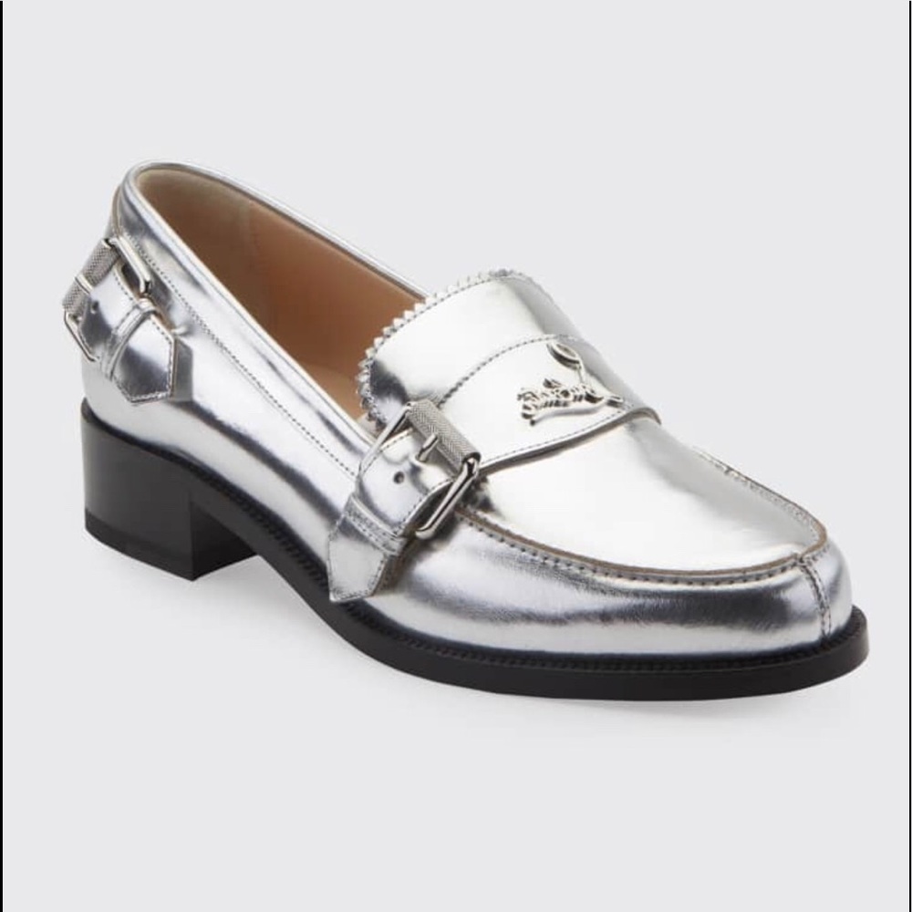 CHRISTIAN LOUBOUTIN Donna Monmoc Silver Loafer Shoes EU 39.5 / US 9  New in Box
